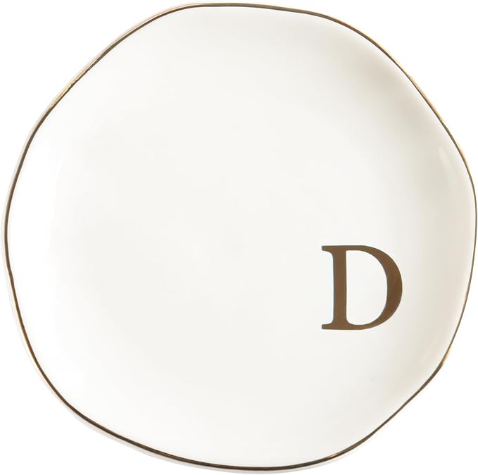 Ceramic Jewelry Tray Ring Dish Personalized D-Monogrammed Engagement Wedding Gifts, for Birthday Mother's Day for Women, Ceramic White 4.75" (D)