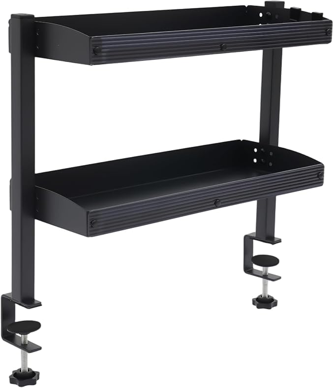 2-Tier Clamp-on Desk Shelving Unit, Adjustable Metal Storage Tray, Space-Saving Desktop Organizer for Gaming, Office Supplies, Monitor Stand, Dresser Top Storage, Ideal for Home Office, Study,