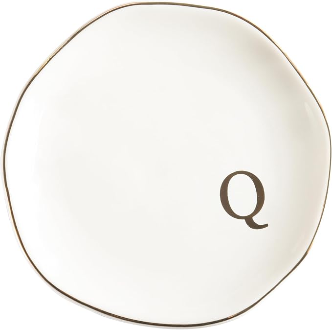 Ceramic Jewelry Tray Ring Dish Personalized Q-Monogrammed Engagement Wedding Gifts, for Birthday Mother's Day for Women, Ceramic White 4.75" (Q)