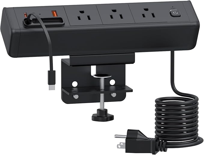 Desk Clamp Power Strip Built-In1 Retractable USB C Cables,Nightstand Charging Station 1 PD20W USB-C&1 USB-A&3 AC,Desk Mount Outlet 6.6 Ft Extension Cord for Conference Rooms, Desktop Accessory.