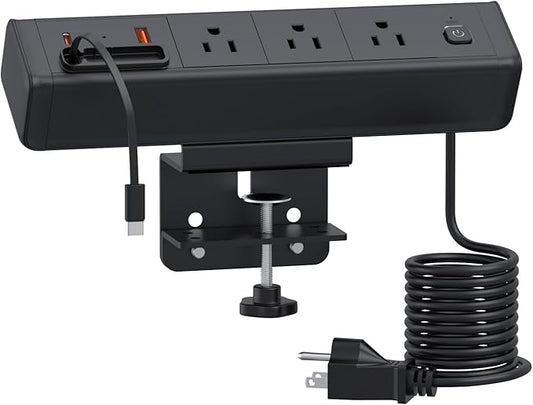 Desk Clamp Power Strip Built-In1 Retractable USB C Cables,Nightstand Charging Station 1 PD20W USB-C&1 USB-A&3 AC,Desk Mount Outlet 6.6 Ft Extension Cord for Conference Rooms, Desktop Accessory.