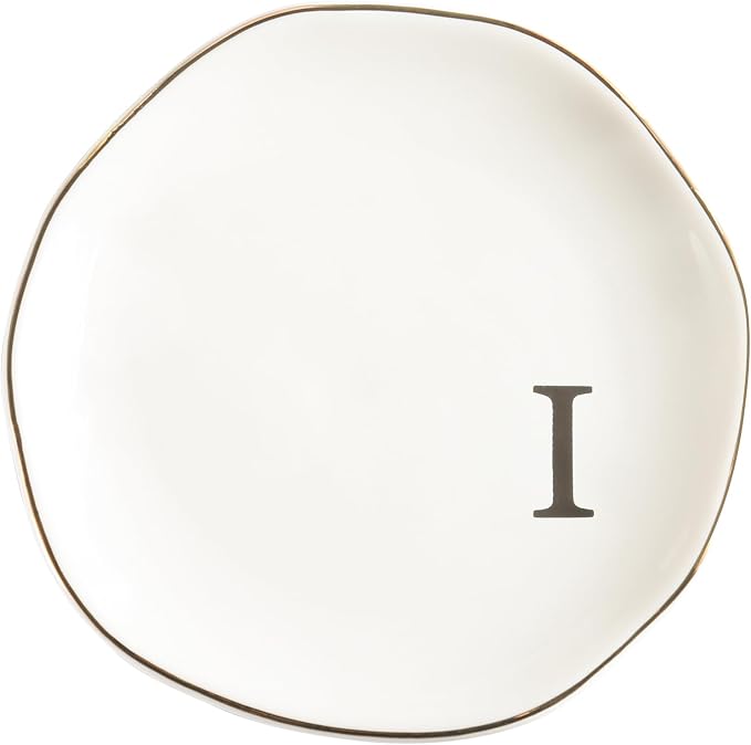 Ceramic Jewelry Tray Ring Dish Personalized I-Monogrammed Engagement Wedding Gifts, for Birthday Mother's Day for Women, Ceramic White 4.75" (I)