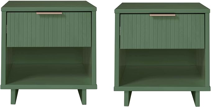 Manhattan Comfort Granville 1-Drawer Nightstand Set of 2, Modern Glam Bedside Table with Ribbed Design and Gold Handles, Ideal for Living Room and Bedroom Use, Sage Green