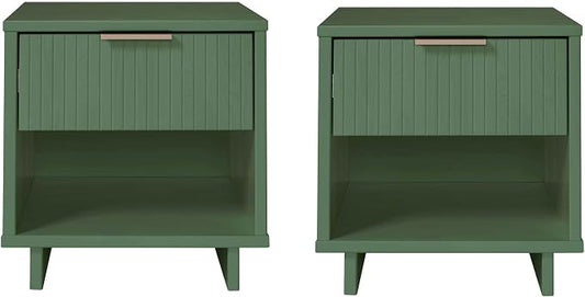 Manhattan Comfort Granville 1-Drawer Nightstand Set of 2, Modern Glam Bedside Table with Ribbed Design and Gold Handles, Ideal for Living Room and Bedroom Use, Sage Green