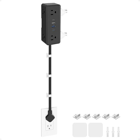 Electrical Outlet Extender Stick, Features 4 USB & 6 Outlets, 19in Flexible Extension Cord Access Hard-to-Reach Outlets, Wall Plug Power Socket Expander Nightstands Sofa Desk