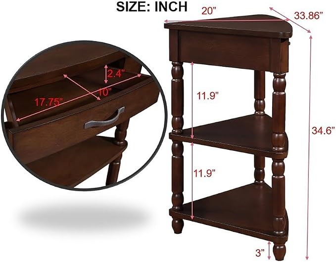 3-Tier Corner Display Rack Small Corner Table Wood Triangle Side Table with Drawer & 2 Open Shelves Multipurpose Shelving Unit for Living Room Bedroom (Light Espresso)