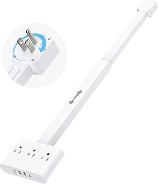 Electrical Outlet Extender Stick-360° Rotating Wall Outlet, Features 3 AC Outlets, 2 USB-A & 2 USB-C, Extends 16"-26", Extendable for Hard-to-Reach Outlets Behind Couches, Nightstands, Desks, and More