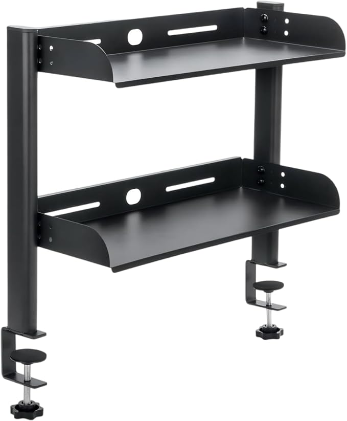 ShinJu Clamp on Desk Shelf for Top of Desk 2 Tier Above or Under Desk Storage Gaming Desk Organizers and Accessories Metal Storage Shelves for Office Standing Desk Accessories Under Desk Bookshelf