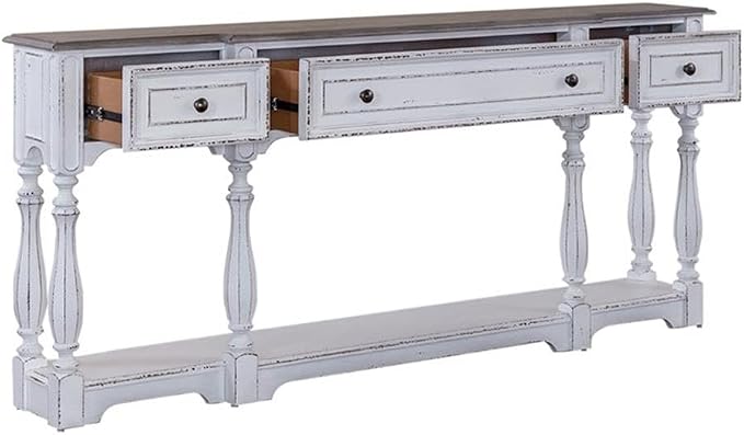 BOWERY HILL 72-Inch Console Table, Poplar Solids with White Oak and Birch Veneers, Antique White Finish, Weathered Brown Whitewash Top, 3 Drawers, Bottom Shelf, Traditional Hall Table for Storage
