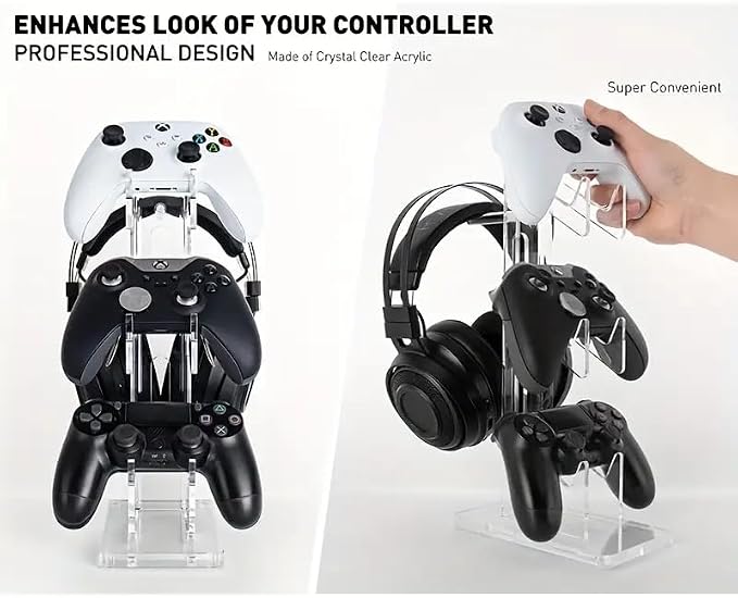 Controller Stand 3 Tiers, Universal Controller Holder Headphone Stand, Headset Holder, Acrylic Controller Display Stand Compatible with Xbox, PS5, PS4, Nintendo Switch - Ideal Desk Mount for Gamers