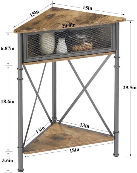 VECELO 3-Tier Corner Table,Mesh Door Cabinet and Open-Shelf,Corner Shelf Stand,Metal Frame Storage Shelf Organizer Display Shelves for Bedroom,Lobby Corner,Living Room,Kitchen,Bathroom