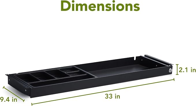 PERFECT POSTURE Under Desk Storage Drawer with Lock — Slim Pen & Pencil Drawer for Regular & Sit-Stand Standing Desks, Black (10" x 33")