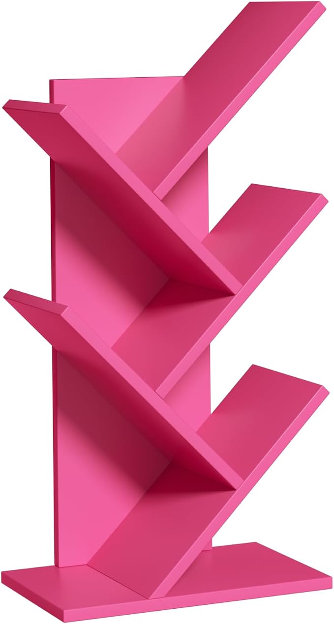 SHEEPAM 5 Tier Tree Book Shelf, Small Desktop Bookshelf with Storage Organizer, Wood Bookcase, Desk Display Bookshelves, Floor Standing Organizer Bookcases for Living Room,Bedroom,Office-Pink