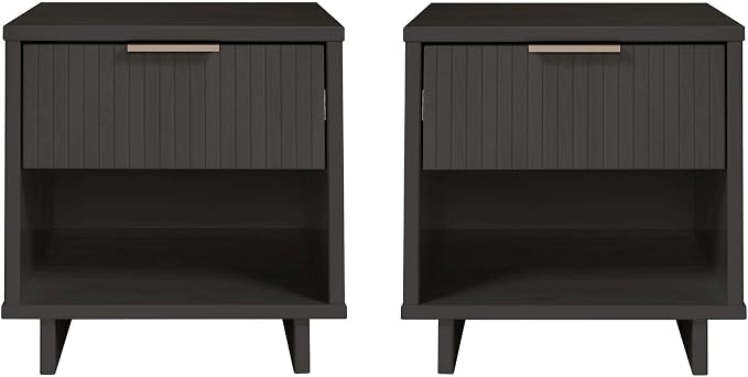 Manhattan Comfort Granville 1-Drawer Nightstand Set of 2, Modern Glam Bedside Table with Ribbed Design and Gold Handles, Ideal for Living Room and Bedroom Use, Dark Grey