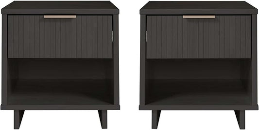 Manhattan Comfort Granville 1-Drawer Nightstand Set of 2, Modern Glam Bedside Table with Ribbed Design and Gold Handles, Ideal for Living Room and Bedroom Use, Dark Grey