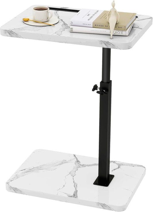 IBUYKE C Shaped Side Table, 360° Swivel Height Adjustable End Table for Small Spaces, with Phone & Tablet Slot, Modern Small Coffee Snack Table for Sofa/Bed, White with Black UTVT003BW