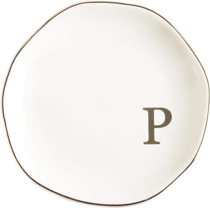 Ceramic Jewelry Tray Ring Dish Personalized P-Monogrammed Engagement Wedding Gifts, for Birthday Mother's Day for Women, Ceramic White 4.75" (P)