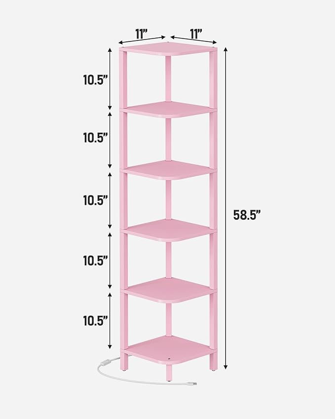 TUTOTAK Corner Shelf with LED Light, 6-Tier Corner Bookshelf for Small Space, Narrow Display Corner Shelf Stand with Storage Rack, for Living Room, Bedroom, Pink BS08BP006L