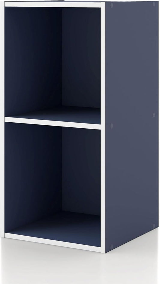 Homes: Inside + Out Apexa 2-Cube Storage Organizer Shelves, Stackable Wood Bookcase Fits Cubby Bins for Organization, Dorm Teen Room Decor & Home Office, Steel Blue