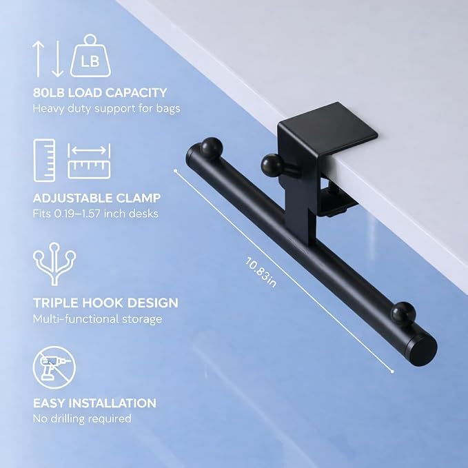 Heavy-Duty Backpack Hanger for Desk & Table, Adjustable Desk Hook for Bag with 80lb Capacity, T-Shape Backpack Holder & Purse Hook for Table, Clip-On Desk Bag Hook for Office Classroom Home