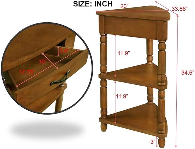 3-Tier Corner Display Rack Small Corner Table Wood Triangle Side Table with Drawer & 2 Open Shelves Multipurpose Shelving Unit for Living Room Bedroom (Brown)