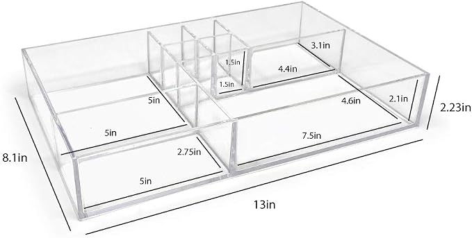Isaac Jacobs 8-Compartment Clear Acrylic Drawer Organizer (13" L x 8.1" W x 2.3" H), Multi-Sectional Tray & Storage Solution for Makeup, School & Office Supplies, Bathroom, Kitchen (Pack of 2)