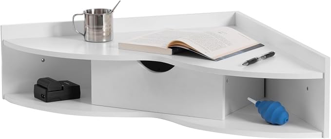 Basicwise White Heart Shaped Wall Mounted Office Table with Drawer and Two Shelves Computer Writing Corner Desk QI004024.WT