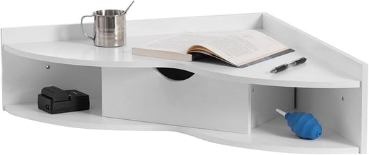 Basicwise White Heart Shaped Wall Mounted Office Table with Drawer and Two Shelves Computer Writing Corner Desk QI004024.WT