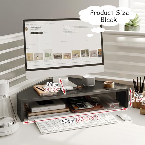 Wooden Corner Monitor Stand, Triangle Design Desk Riser with Storage for Keyboard & Mouse, Office Workspace Organizer, Space-Saving Computer Accessory
