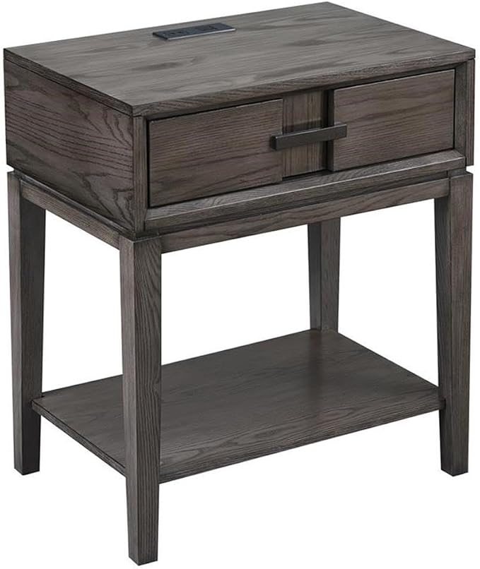 BOWERY HILL Drawer Nightstand, 28 in H x 15.75 in W x 23.75 in D, Solid Wood Construction, Oak Finish, Lower Shelf, USB/AC Charger, Full Extension Drawer Guides, Bedside or Living Room Side Table