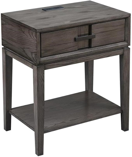 BOWERY HILL Drawer Nightstand, 28 in H x 15.75 in W x 23.75 in D, Solid Wood Construction, Oak Finish, Lower Shelf, USB/AC Charger, Full Extension Drawer Guides, Bedside or Living Room Side Table