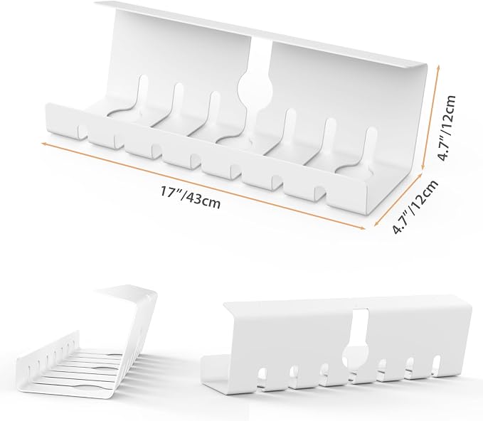 Syeeiex Under Desk Cable Management Tray, 34" Total Length (17"×2 Set), No-Drill C-Clamp & Screw Mount, Heavy Duty Metal Cord Organizer with 10 PCS Cable Ties, for Office Home Workspace, White, 2-Pack