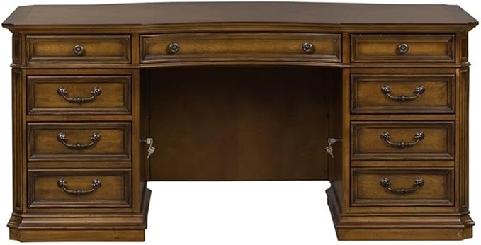 Pemberly Row Jr Executive Office Set, Medium Brown Finish, Antique Toffee Poplar & Birch Veneers, 5-Piece, Includes Desk, Credenza, Hutch, Adjustable Shelves, Touch LED Lighting, Wire Management