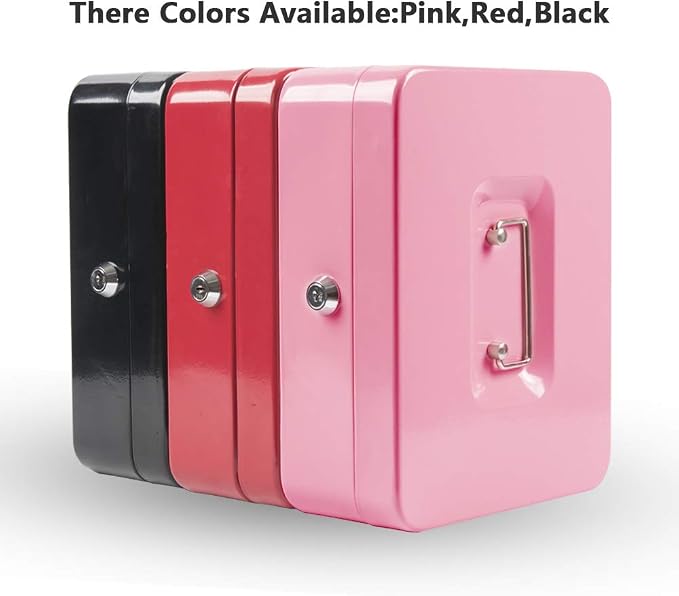 KYODOLED Large Metal Cash Box with Money Tray and Lock,Money Box with Cash Tray,Cash Drawer,9.84"x 7.87"x 3.54" Pink Large