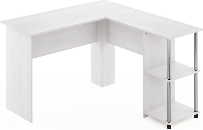 Furinno Abbott L-Shape Computer Desk with Stainless Steel Tubes Bookshelf, White Oak/Chrome