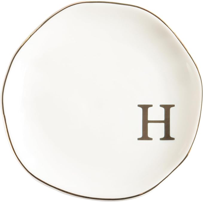 Ceramic Jewelry Tray Ring Dish Personalized H-Monogrammed Engagement Wedding Gifts, for Birthday Mother's Day for Women, Ceramic White 4.75" (H)