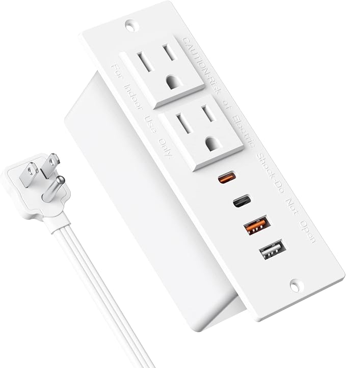 Recessed Power Strip 30W USB C,Furniture Flush Mount Desk Outlet,2 Outlets 4 USB Ports,Recessed Outlet for Side Table/Sofa Table,Ultra Thin Flat Plug Power Strip,3FT Cord (White)