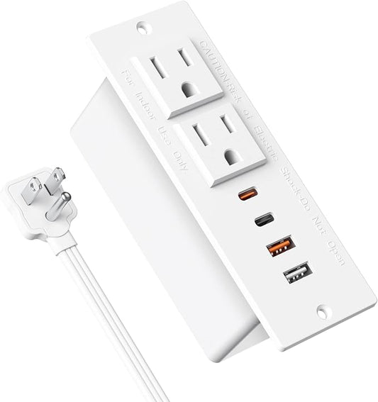 Recessed Power Strip 30W USB C,Furniture Flush Mount Desk Outlet,2 Outlets 4 USB Ports,Recessed Outlet for Side Table/Sofa Table,Ultra Thin Flat Plug Power Strip,3FT Cord (White)