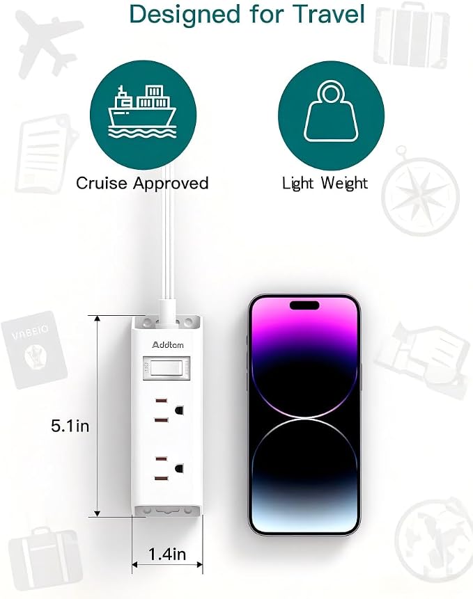 Addtam Flat Plug Power Strip with 6 Outlet Extender, 10 FT Extension Cord Flat Wall Plug with Multiple Outlets, No Surge Protector for Cruise Ship, Travel, Dorm, Home Office, Cruise Essentials, White