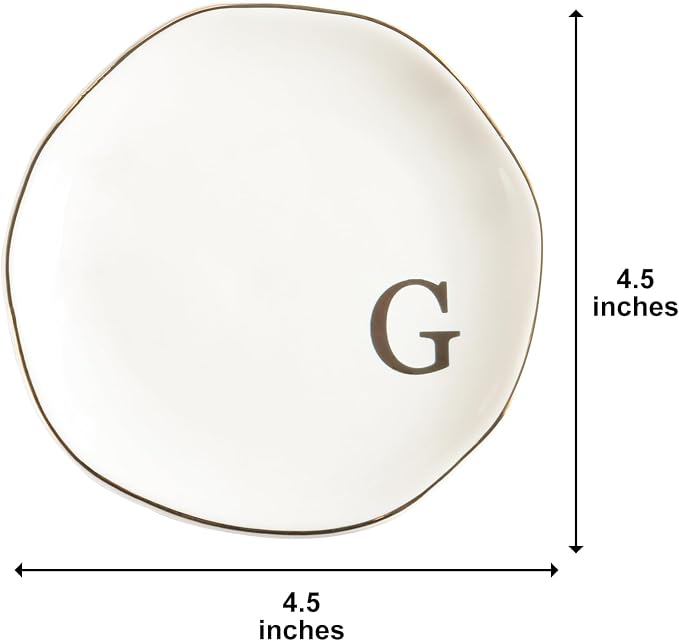 Ceramic Jewelry Tray Ring Dish Personalized G-Monogrammed Engagement Wedding Gifts, for Birthday Mother's Day for Women, Ceramic White 4.75" (G)