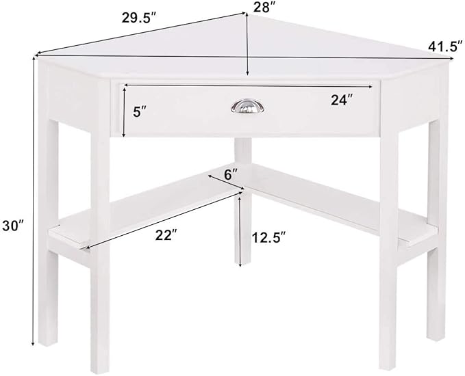 LDAILY White Corner Desk, Triangle Corner Computer Desk for Small Space, Compact Writing Desk with Storage Shelves & Drawer, Space Saving Small Makeup Vanity Desk for Bedroom, Home Office