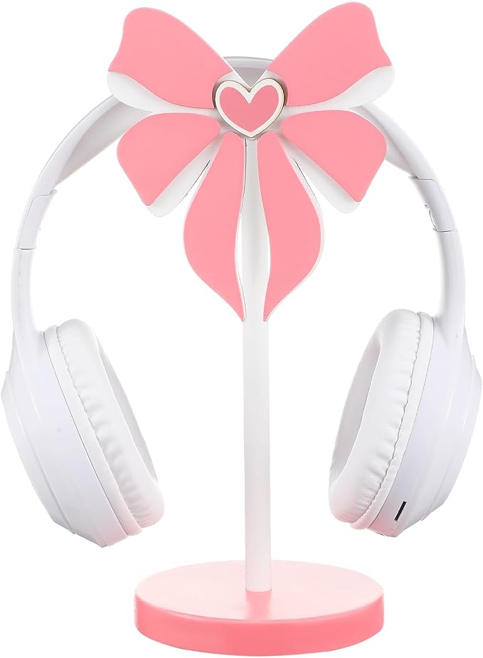 Kingdder Pink Bow Headphone Stand Cute Wood Headphone Stand Adorable Headset Holder Accessories Gamer Gifts for Teenage Women Teacher Girlfriend Office Worker Wife Gamer Room Decor Office Desk