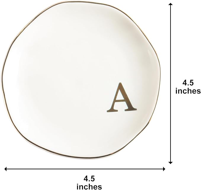 Ceramic Jewelry Tray Ring Dish Personalized A-Monogrammed Engagement Wedding Gifts, for Birthday Mother's Day for Women, Ceramic White 4.75"" (A)