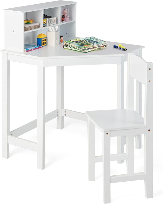 Costzon Kids Desk and Chair Set, White Corner Desk with Hutch for Small Space, Bedroom, Children School Study Table, Student Computer Workstation, Space Saving Writing Desk for Kids