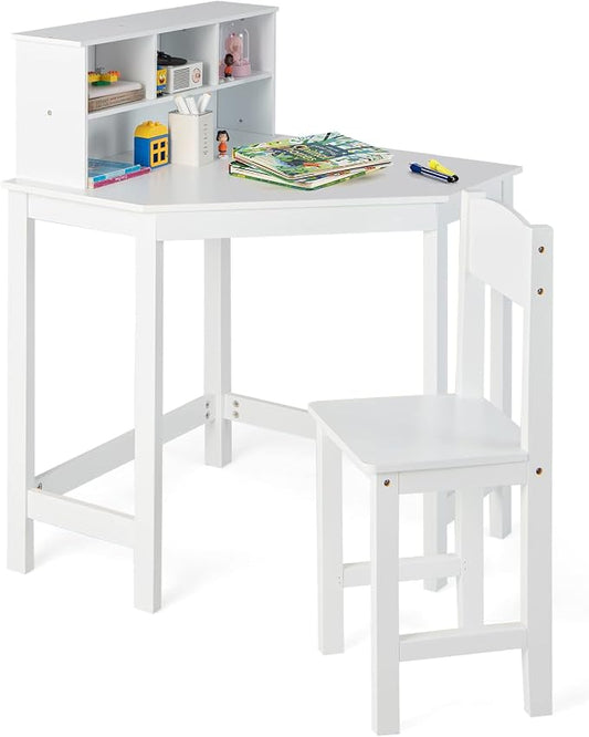 Costzon Kids Desk and Chair Set, White Corner Desk with Hutch for Small Space, Bedroom, Children School Study Table, Student Computer Workstation, Space Saving Writing Desk for Kids
