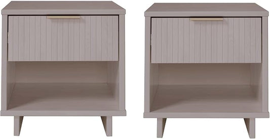 Manhattan Comfort Granville 1-Drawer Nightstand Set of 2, Modern Glam Bedside Table with Ribbed Design and Gold Handles, Ideal for Living Room and Bedroom Use, Light Grey