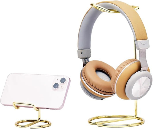 JIARI Headphones Stand and Cell Phone Stand Desktop Metal Holder Accessories 2pcs Set (Gold)