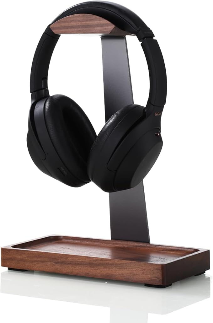 Walnut Headphone Stand, Wooden Headset Stand for Desk, Wood Gaming Headphone Holder with Storage Base for Airpod max, Bose, Razer, Sennheiser, Jabra, JBL, AKG, Vintage Gift for Men, Grey