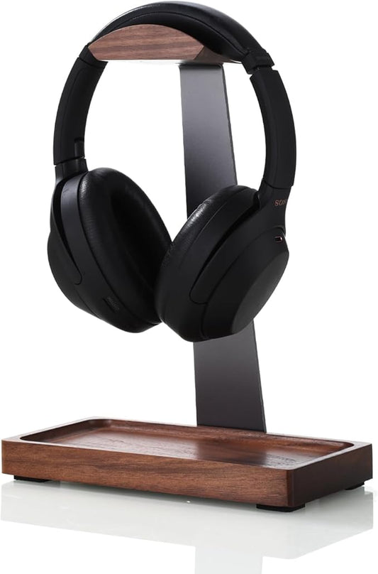 Walnut Headphone Stand, Wooden Headset Stand for Desk, Wood Gaming Headphone Holder with Storage Base for Airpod max, Bose, Razer, Sennheiser, Jabra, JBL, AKG, Vintage Gift for Men, Grey
