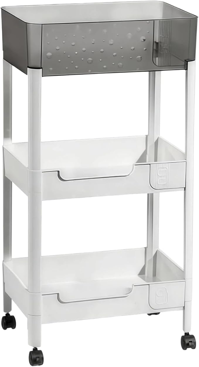 3 Tier Rolling Cart with Wheels 4.7'' Deep Baskets Bathroom Storage Shelf Heavy Duty Plastic Bedside Cart, Large Capacity Snack Stand Diaper Caddy Laundry Room Kitchen Organizer, White
